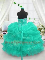 Low Price Pick Ups Ruffled Floor Length Turquoise Kids Pageant Dress Sweetheart Sleeveless Lace Up