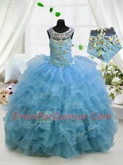 Pretty Scoop Ruffled Baby Blue Sleeveless Organza Lace Up Little Girls Pageant Dress for Party and Wedding Party