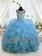 Pretty Scoop Ruffled Baby Blue Sleeveless Organza Lace Up Little Girls Pageant Dress for Party and Wedding Party