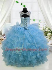 Pretty Scoop Ruffled Baby Blue Sleeveless Organza Lace Up Little Girls Pageant Dress for Party and Wedding Party