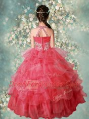 Modest Halter Top Floor Length Watermelon Red Girls Pageant Dresses Organza Sleeveless Beading and Ruffled Layers