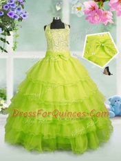 Apple Green Organza Zipper Square Sleeveless Floor Length Little Girls Pageant Gowns Beading and Ruffled Layers