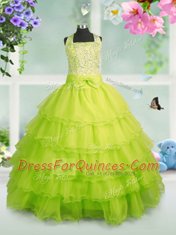 Apple Green Organza Zipper Square Sleeveless Floor Length Little Girls Pageant Gowns Beading and Ruffled Layers