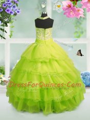 Apple Green Organza Zipper Square Sleeveless Floor Length Little Girls Pageant Gowns Beading and Ruffled Layers