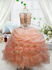 Floor Length Zipper Child Pageant Dress Orange for Party and Wedding Party with Beading and Ruffles and Pick Ups