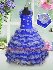 Organza Sleeveless Floor Length Pageant Gowns For Girls and Beading and Appliques and Ruffled Layers