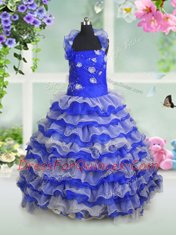 Organza Sleeveless Floor Length Pageant Gowns For Girls and Beading and Appliques and Ruffled Layers