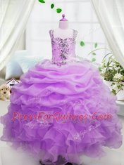 Sleeveless Organza Floor Length Zipper Little Girls Pageant Dress in Rose Pink with Beading and Ruffles and Pick Ups