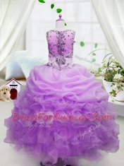Sleeveless Organza Floor Length Zipper Little Girls Pageant Dress in Rose Pink with Beading and Ruffles and Pick Ups