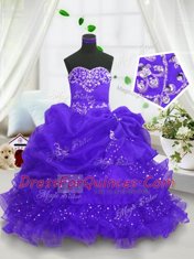 Blue Organza Lace Up Little Girl Pageant Dress Sleeveless Floor Length Beading and Ruffled Layers and Pick Ups