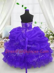 Blue Organza Lace Up Little Girl Pageant Dress Sleeveless Floor Length Beading and Ruffled Layers and Pick Ups