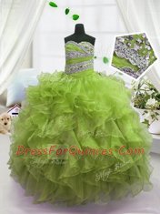 Olive Green Ball Gowns Organza Sweetheart Sleeveless Beading and Ruffles Floor Length Lace Up Kids Formal Wear