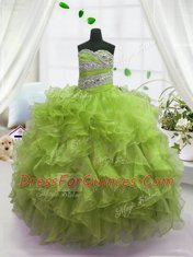 Olive Green Ball Gowns Organza Sweetheart Sleeveless Beading and Ruffles Floor Length Lace Up Kids Formal Wear