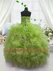 Olive Green Ball Gowns Organza Sweetheart Sleeveless Beading and Ruffles Floor Length Lace Up Kids Formal Wear