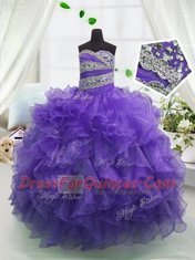Eggplant Purple Sweetheart Lace Up Beading and Ruffles Little Girls Pageant Dress Sleeveless