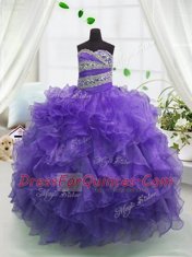 Eggplant Purple Sweetheart Lace Up Beading and Ruffles Little Girls Pageant Dress Sleeveless