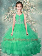 Halter Top Teal Zipper Flower Girl Dress Beading and Ruffles Sleeveless Floor Length