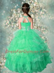 Halter Top Teal Zipper Flower Girl Dress Beading and Ruffles Sleeveless Floor Length