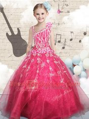 Floor Length Red Little Girl Pageant Dress Tulle Sleeveless Appliques