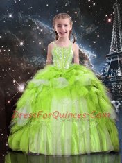 Delicate Sleeveless Tulle Floor Length Lace Up Little Girl Pageant Gowns in Apple Green with Beading and Ruffled Layers