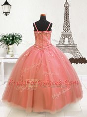 Fancy Tulle Sleeveless Floor Length Little Girl Pageant Dress and Beading and Appliques
