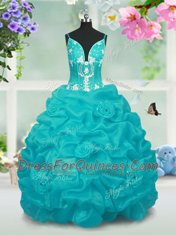 Noble Baby Blue V-neck Lace Up Beading and Pick Ups Little Girl Pageant Dress Sleeveless