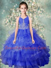 Fantastic Baby Blue Zipper Halter Top Beading and Ruffled Layers Child Pageant Dress Organza Sleeveless