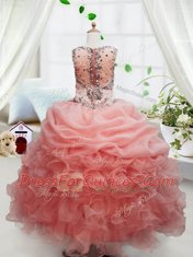 Peach Square Neckline Beading and Ruffles and Pick Ups Pageant Gowns For Girls Sleeveless Zipper