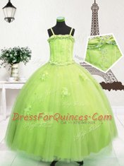 Yellow Green Spaghetti Straps Neckline Beading and Appliques Little Girls Pageant Gowns Sleeveless Zipper