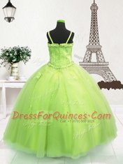 Yellow Green Spaghetti Straps Neckline Beading and Appliques Little Girls Pageant Gowns Sleeveless Zipper