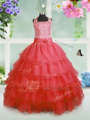 Popular Coral Red Sleeveless Organza Zipper Flower Girl Dress for Party and Wedding Party