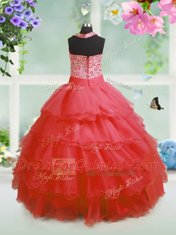 Popular Coral Red Sleeveless Organza Zipper Flower Girl Dress for Party and Wedding Party