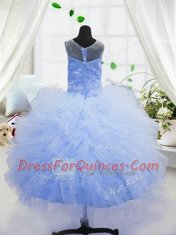 Scoop Baby Blue Sleeveless Beading and Ruffles Floor Length Kids Formal Wear