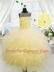 Customized Light Yellow Ball Gowns Tulle Scoop Sleeveless Beading and Appliques Floor Length Zipper Kids Formal Wear