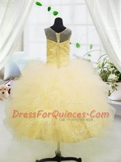 Customized Light Yellow Ball Gowns Tulle Scoop Sleeveless Beading and Appliques Floor Length Zipper Kids Formal Wear