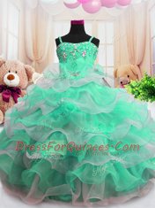 Green Ball Gowns Organza Spaghetti Straps Sleeveless Beading and Ruffled Layers Floor Length Zipper Toddler Flower Girl Dress