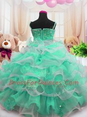 Green Ball Gowns Organza Spaghetti Straps Sleeveless Beading and Ruffled Layers Floor Length Zipper Toddler Flower Girl Dress