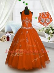 Red Halter Top Lace Up Appliques Kids Pageant Dress Sleeveless