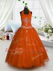 Red Halter Top Lace Up Appliques Kids Pageant Dress Sleeveless