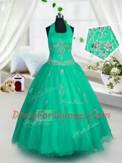 Trendy Halter Top Green Tulle Lace Up Flower Girl Dresses for Less Sleeveless Floor Length Appliques