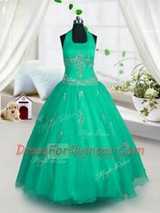 Trendy Halter Top Green Tulle Lace Up Flower Girl Dresses for Less Sleeveless Floor Length Appliques