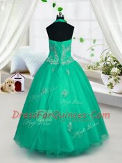 Trendy Halter Top Green Tulle Lace Up Flower Girl Dresses for Less Sleeveless Floor Length Appliques
