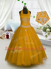 Glittering Halter Top Appliques Little Girls Pageant Dress Orange Lace Up Sleeveless Floor Length