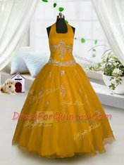 Glittering Halter Top Appliques Little Girls Pageant Dress Orange Lace Up Sleeveless Floor Length