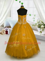 Glittering Halter Top Appliques Little Girls Pageant Dress Orange Lace Up Sleeveless Floor Length