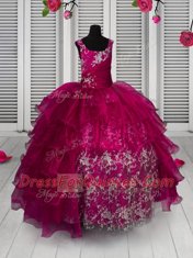 Fuchsia Ball Gowns Appliques and Ruffled Layers Little Girls Pageant Gowns Lace Up Organza Sleeveless Floor Length