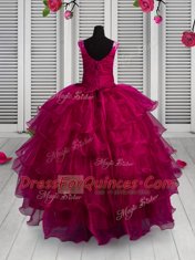 Fuchsia Ball Gowns Appliques and Ruffled Layers Little Girls Pageant Gowns Lace Up Organza Sleeveless Floor Length