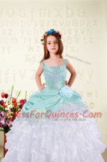 Perfect Aqua Blue Ball Gowns Straps Sleeveless Organza Floor Length Lace Up Beading and Ruffled Layers and Hand Made Flower Child Pageant Dress
