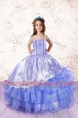 Smart Spaghetti Straps Sleeveless Organza Kids Formal Wear Embroidery and Ruffled Layers Lace Up