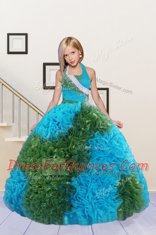 Free and Easy Halter Top Fabric With Rolling Flowers Sleeveless Floor Length Little Girls Pageant Dress Wholesale and Beading and Ruffles